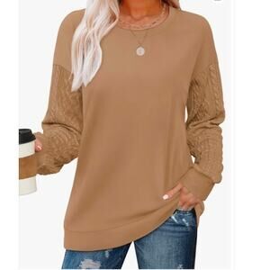 New OFEEFAN Crewneck Sweatshirts Cable Knit Sleeve Lightweight Toffee Women’s M